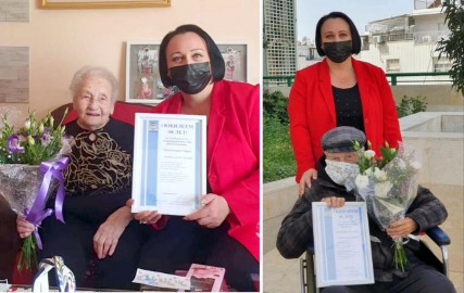 ניצולי שואה בלוד חגגו יום הולדת 95 ו-100: סגנית ראש העיר הפתיעה עם זר פרחים ותעודת הוקרה