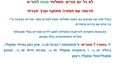 משלוחי מנות לפורים - תרומה עם תמורה מתוקה וערך חברתי