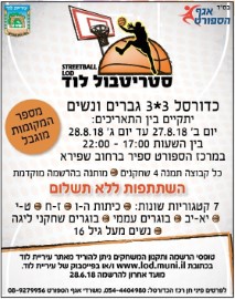 סטריטבול לוד-כדורסל 3*3 גברים ונשים 27 עד 28 באוגוסט: לרישום מקוון היכנסו