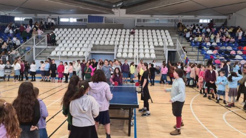 משחקי ראווה בין אלופות ישראל בטניס שולחן בבית הספר "המאירי" בלוד, במסגרת יום חשיפה לענף