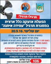 תרגיל עמידה איתנה של פיקוד העורף - 20 לספטמבר 2016