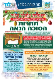 מה קורה בלוד? הודעות העירייה: * תחרות הסוכה הנאה תשע"ו * פגרת חגי תשרי במשרדי העירייה * הודעה על שינויים במועדי השוק העירוני